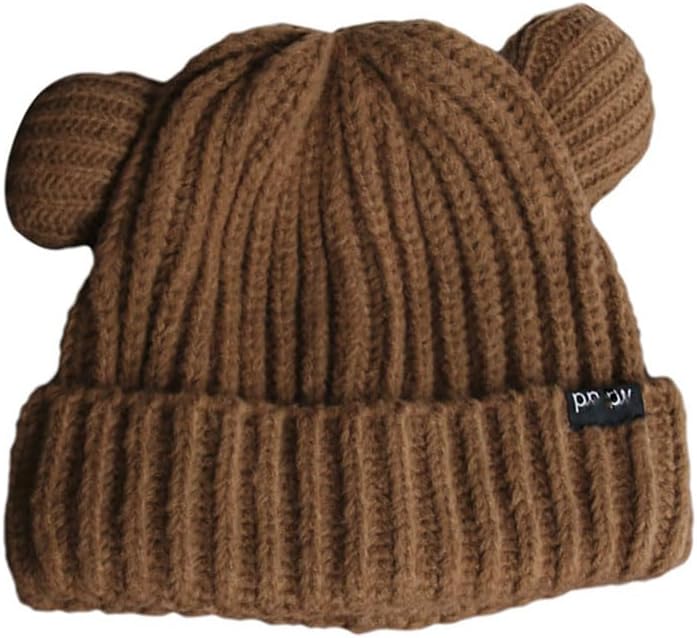 Cute Cat Ear Beanie Hat Brown Bear Knitted Hats Winter Knit Cable Hat for Women Girls Crochet Skull Caps
