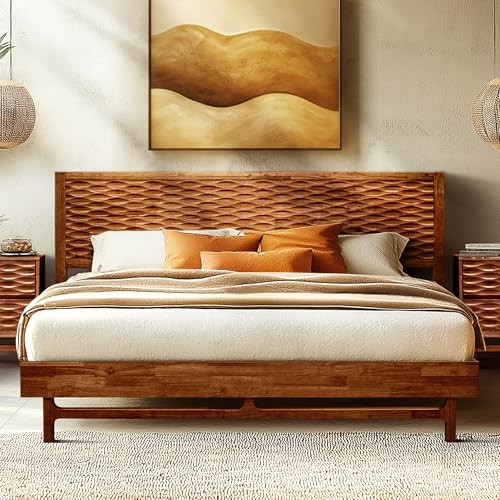 Acacia Elara Queen Platform Bed Frame – Solid Wood Mid-Century...