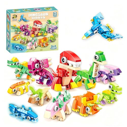 Nzkeuf 3 en 1 Mini Dinosaurios Construcciones para Niños, 12 Animales Bloques de Construcción, Detalles para Fiestas, Regalos Navidad y Cumpleaños para Niños y Niñas 3-12 Años
