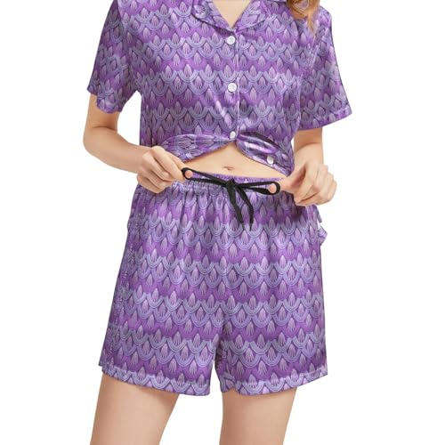 Image of Funny Pajamas for Women Set Print Satin Loungewear Pjs Short Sleeve Button Down Top and Shorts Sets Sleepwear XS-3XL
