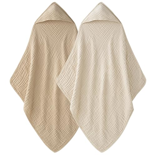 Image of Unnivoll Hooded Baby Towels for Newborn - 2 Pack, 100% Muslin Cotton, Baby Bath Towels with Hood, Soft and Absorbent for Boys, Girls Infant, Toddler and Kids, Large 32x32 Inches, Newborn Essential