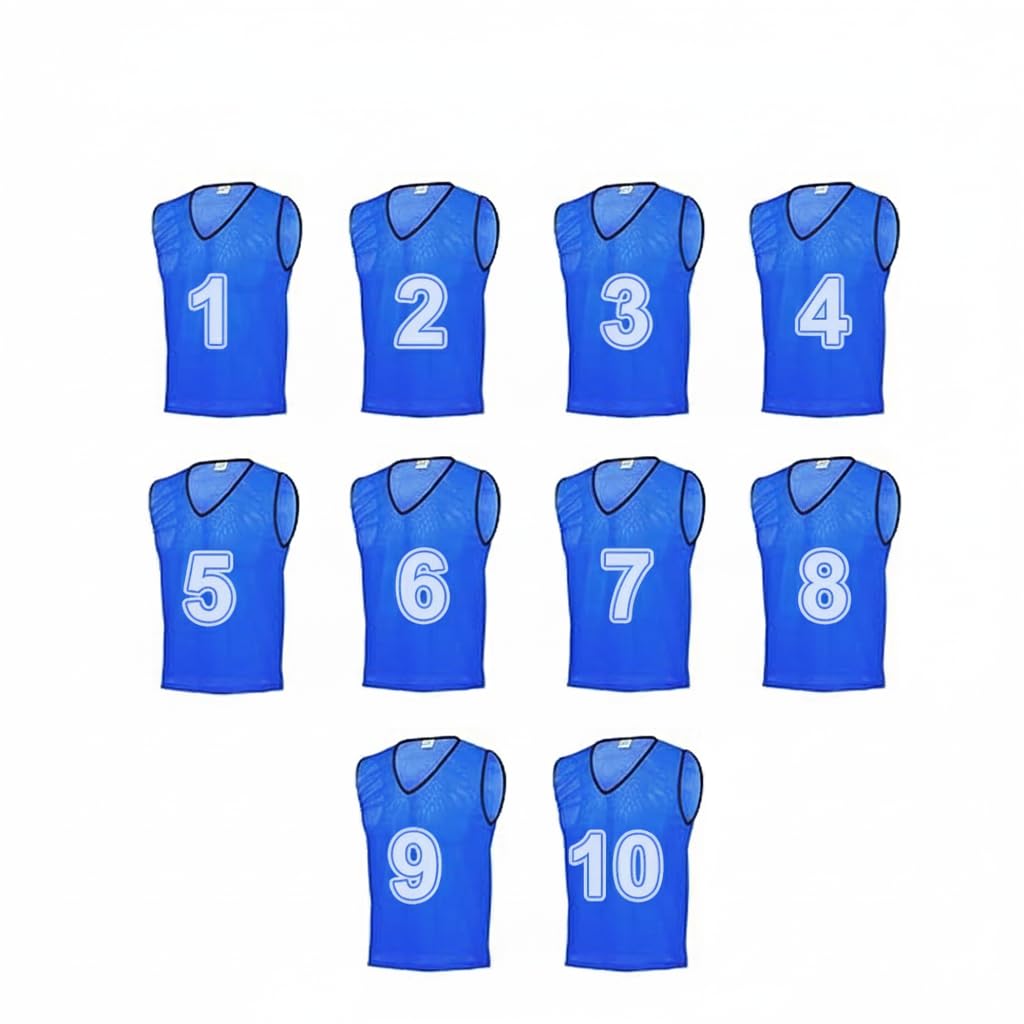 Training Bibs Scrimmage Vests Pennies | Set of 1 to 10 | Bright Blue Sports Pinnies | Lightweight Training Vests | Medium Size | Ideal for Soccer Basketball Football Team Sports
