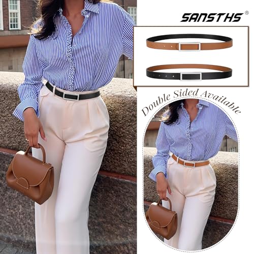 SANSTHS Skinny Reversible Belts for Women, Two-in-one Women Thin Belt for Dresses Jeans Pants with Gold Buckle