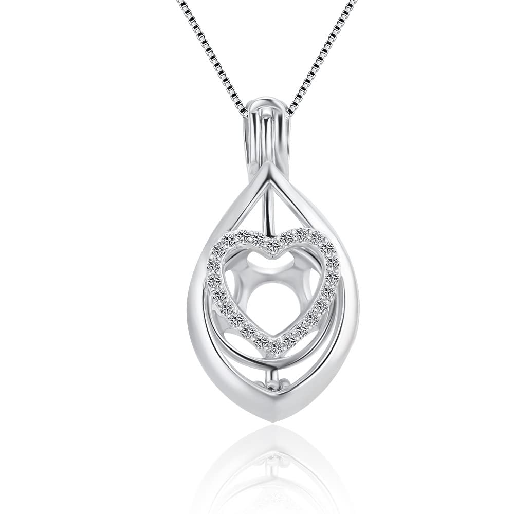 LGSY CZ Teardrop Heart Cage Pendants for Pearl Jewelry Making Sterling Silver, Design Cage Pendants for Women