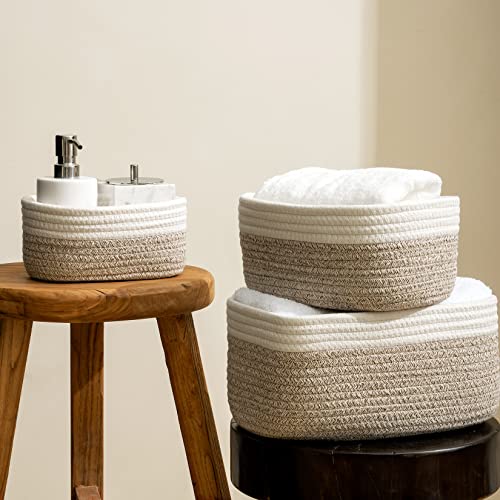 La Jolie Muse Rope Storage Baskets For Organizing, Small Cotton Woven Basket For Bathroom Shelve Nursery, Decorative Basket Organizer Bins Set Of 3, White & Desert #TOP1