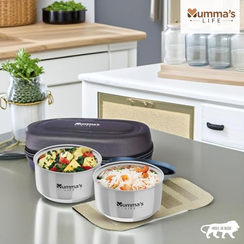 Image of Mumma's LIFE- Stainless Steel Lunch Box Set of 2 (280 ml Each) with Insulated Lunch Bag, Leak Proof Lunch Box for Office & College (Grey)