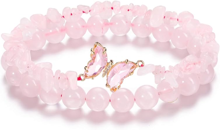 CrystalTears クリスタルブレスレット 女性用 2個 天然ヒーリング宝石ビーズブレスレット バタフライチャーム ストーンレイヤードブレスレット ギフト レディース