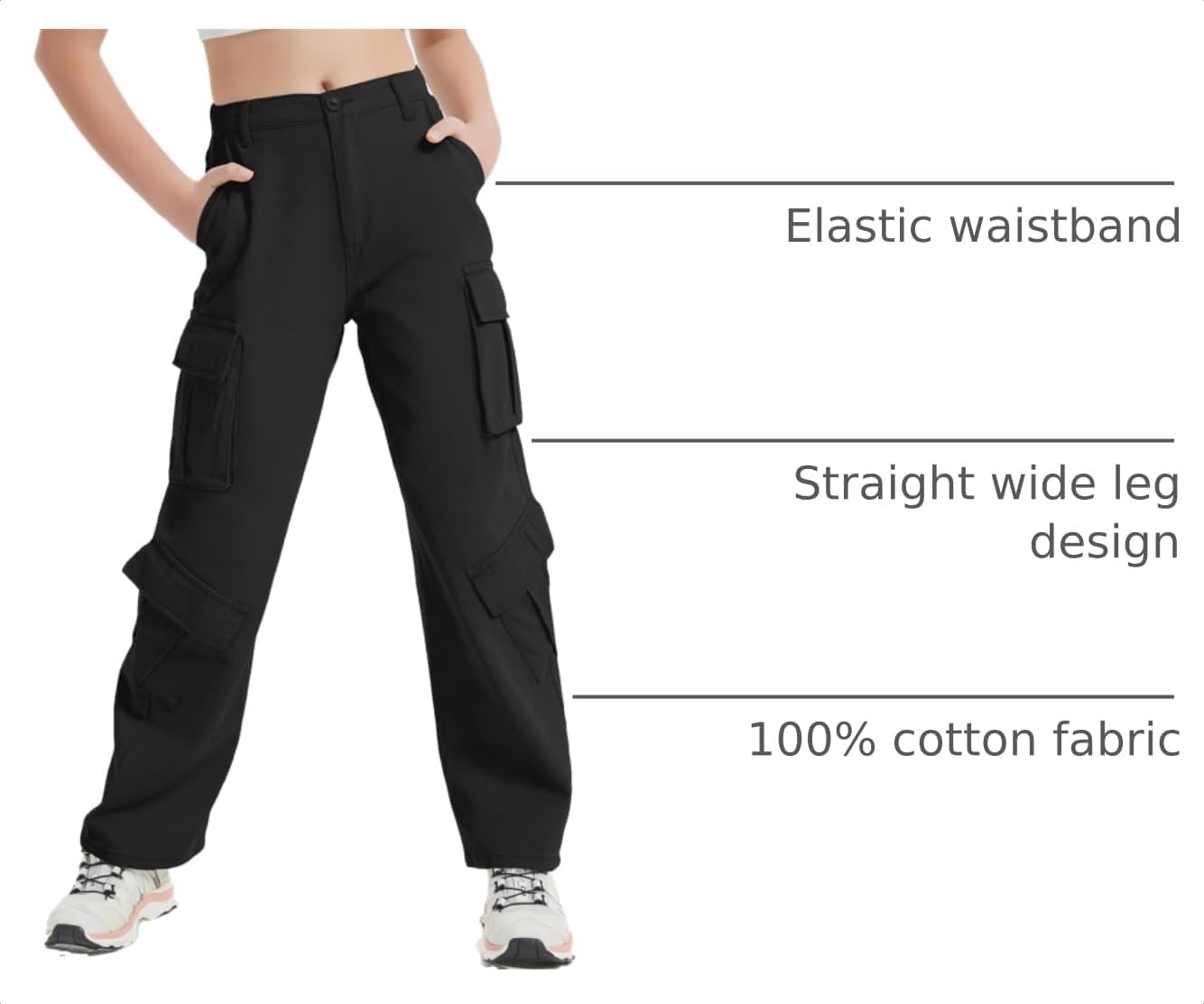 EXARUS Girls Cargo Jeans Wide Leg Baggy Tween Pants Elastic Waist Pockets