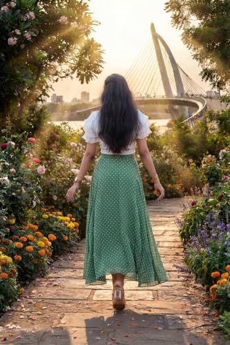 Image of Women's Lycra Top with Georgette Skirt | Polka Dot Print Long Flared Maxi | Full Length Flowy Skirt for Women | Stylish Casual Wear