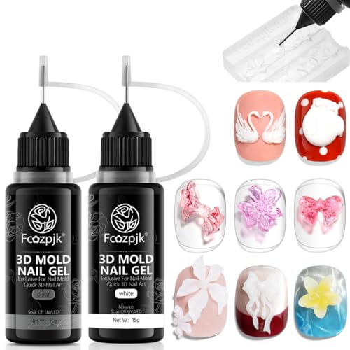 Fcozpjk 3D Sculpting Gel 2PCS 15g Clear White Molding Gel for Silicone Nail Charms Molds Quick Dry Gels Glue Modeling Carving Flowers Design Nail Charms DIY Home Manicure Salon Supplies UV Cure