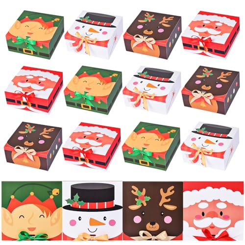 Nimbbex 12Pack Small Christmas Gift Boxes with Lids 6.7 * 6.7 * 3.2 Inch Cartoon Christmas Cookie Box with Ribbon Xmas Gift Box Holiday Gift Boxes for Cupcake Candy Cookie Party Favor