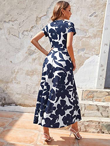 Image of HUHOT Women's Short Sleeve Wrap V Neck Dresses for Wedding Guest Summer Floral Maxi Sundresses with Pockets Boho Dress