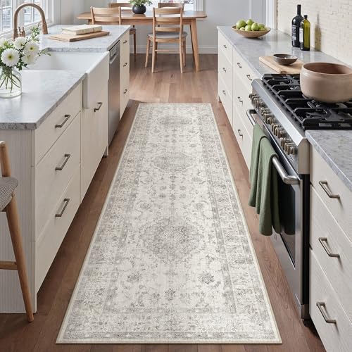 Grau LäUfer Flur Vintage Teppich 60x240cm kurzflor rutschfest Weich Waschbarer Böhmischen Teppiche für Küchen Hallway Retroteppiche Bettvorleger Büro Wohnzimmer Schlafzimmer Grimm | Grau 60