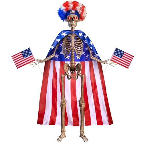 LFUTARI 4th of July 6ft Skeleton Clothing Accessories USA Flag Skeleton Costume with Fuzzy Wig Patriotic Costume Cape String Flag for Outdoor Garden Lawn Decor Independence Day Party Celebration