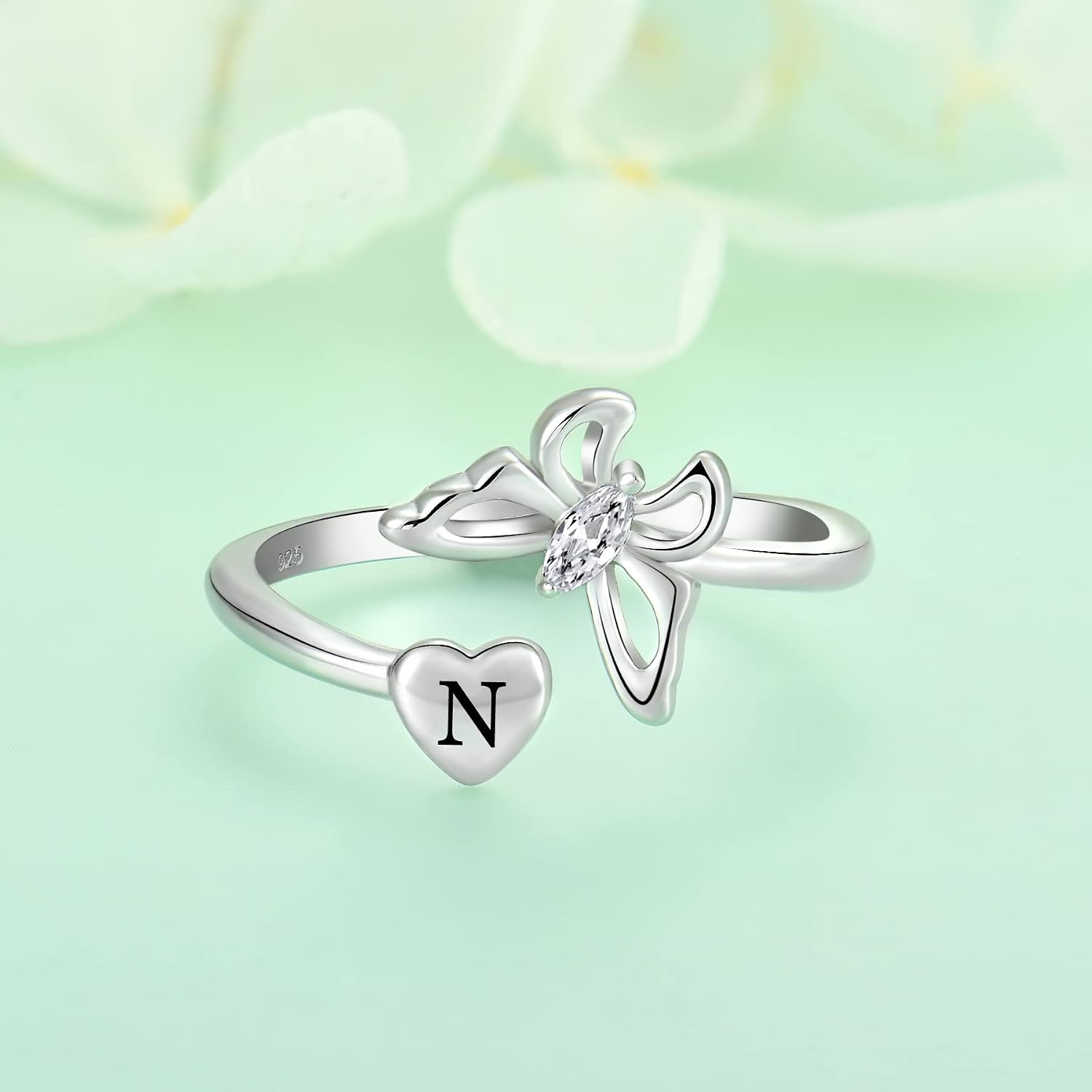 STARCHENIE Butterfly Initial Ring for Women 925 Sterling Silver Letters A-Z 26 Alphabet Adjustable Ring Size 7