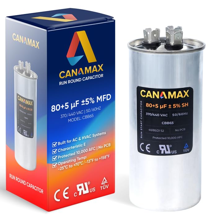 [Upgraded 2025] Canamax 80+5 uf ± 5% MFD 370 Or 440V Dual Run Round Capacitor - Compatible with TP-CAP-80/5/440R Condenser Straight Cool & Heat Pump Air Conditioner