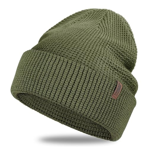 Image of Outdoor Shaping Soft Merino Wool Blend Knit Cuffed Beanie for Men Women Winter Warm Ski Skull Caps Olive