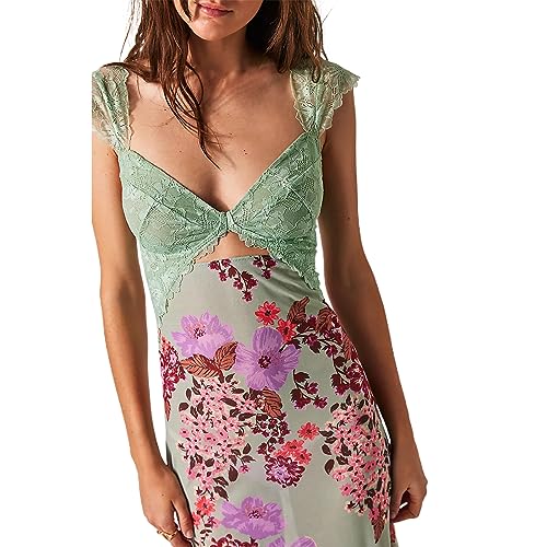 Image of Women Sexy Lace Patchwork Mesh Dress Floral Print Cutout Sweetheart Neck Backless Slit Summer Maxi Dress
