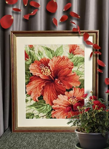 Image of RIOLIS - Hibiscus 1967, Cross Stitch Kits 15 inch x 19 inch, Cross Stitch Kits for Beginners & Advanced, Crossstitching Kit Adult, Embroidery Counted Stitching Kit