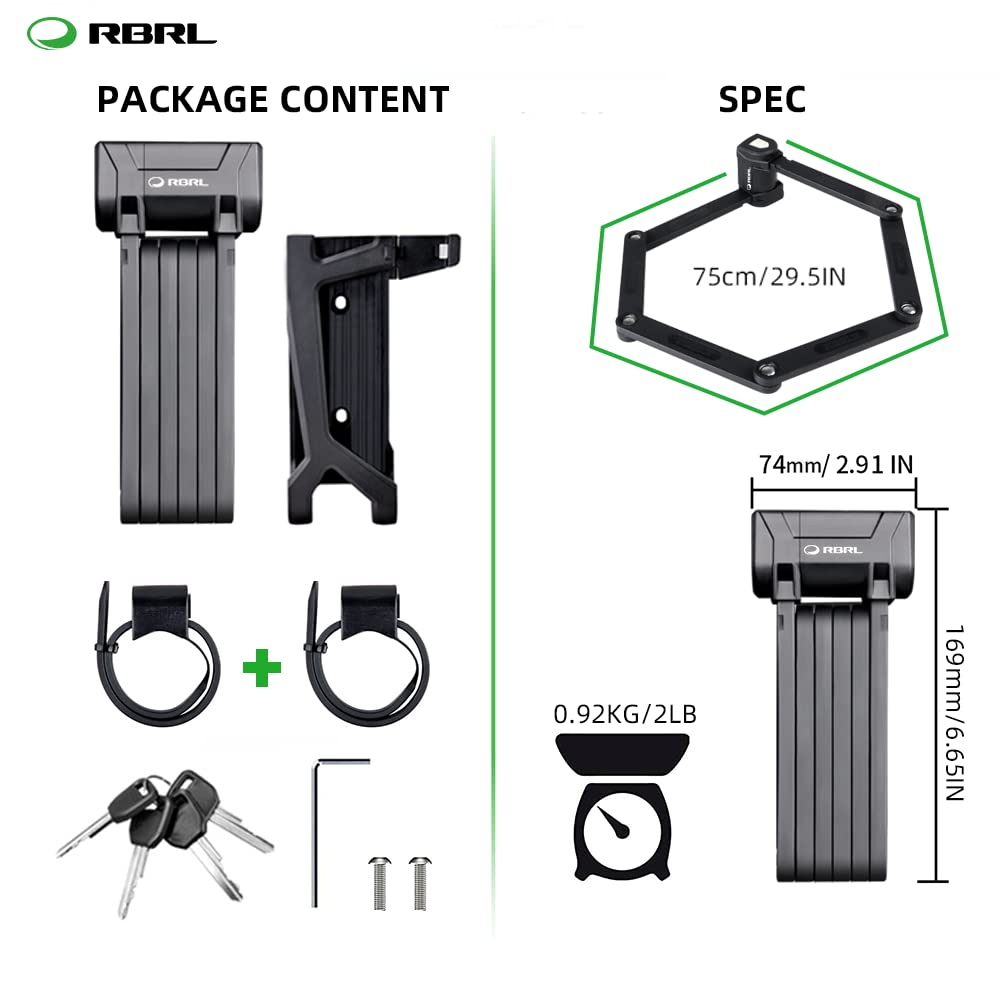 RBRL Antivol pliable pour vélo 75 cm de long avec support et 4 clés de sécurité, barres de 5 mm d'épaisseur