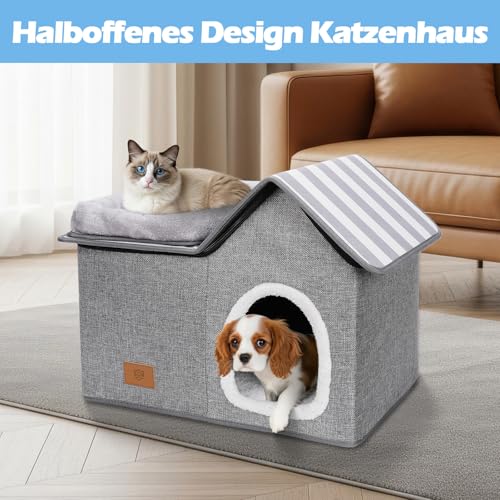 Eukue Katzenhaus, Warm Katzenhöhle Outdoor, Abnehmbar Hundehütte mit Waschbarem Kissen und Plattform, Katzenhöhle für Draußen, Katzenhaus Höhle für Kleine und Mittlere Haustiere, Grau