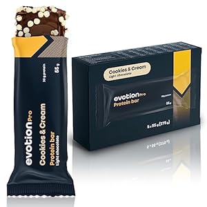 EVOTION PRO – Barritas Proteína (5 x 55g), Baja en azúcar, Baja en Calorías, 20g Proteína por Barrita, Protein Bar para Masa Muscular – Sabor Cookie Cream