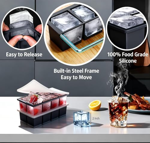 Image of Large Ice Cube Tray for Whiskey: 3 inch Big Silicone Ice Tray with Lid for Whisky - 3Pack Old Fashioned Ice Cube Trays for Cocktail - Huge Square Cubed Bourbon Ice Cube Maker