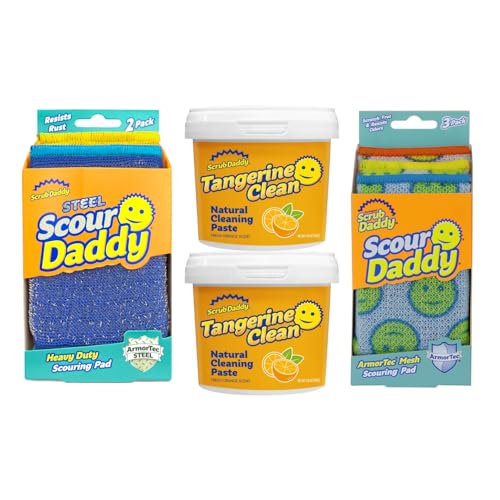 Scrub Daddy Deep Clean Kit - Scour Daddy Scour Pads (3ct) Steel Scrubbing Sponges (2ct) & Tangerine Multi Surface Cleaner (2ct) - Kitchen + Household Cleaning Supplies Pack (7 Pieces Total)