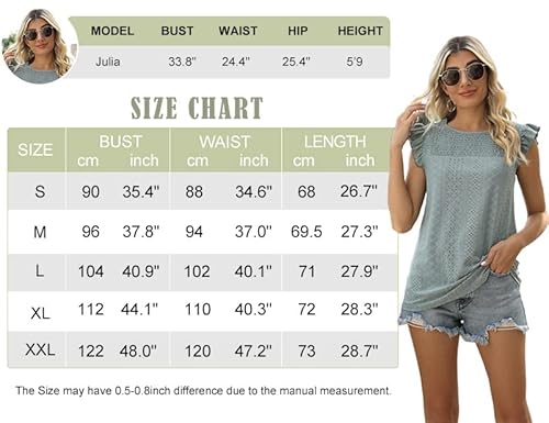 Jescakoo Womens Tank Tops Casual Summer Short Sleeve Eyelet Blouse Hollow Out Green M #TOP5
