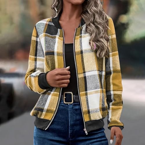 Womens Plaid Flannel Shirts Long Sleeve Cropped Shackets Fall Trendy Slim Fit Zip Up Short Bomber Jackets with Pocket3