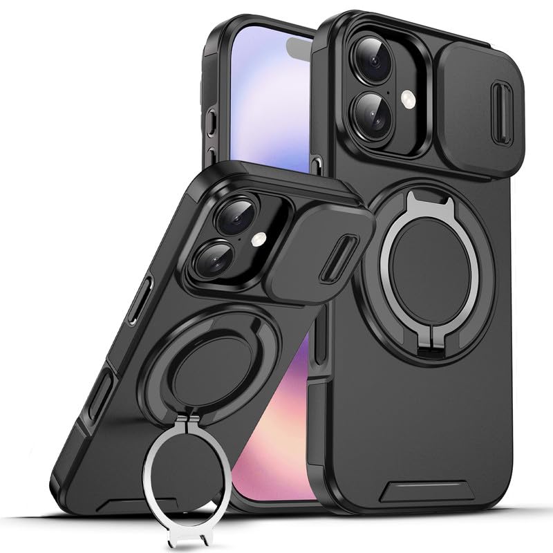 Image of LuxuryKase Shockproof Rugged Case for iPhone 17 | Slide Camera Cover | 360 Rotating Ring Kickstand | Military-Grade Protection - Matte Black