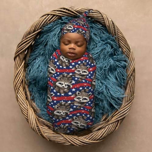 Image of Funny Raccoons with American Flag Newborn Swaddle Blankets Hat Sets Soft Baby Receiving Blanket Swaddle Sack for Baby Shower Infant Boy Girl Gift