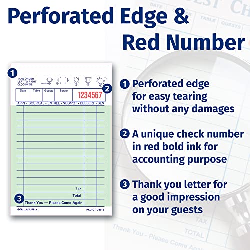 [1000] Gorilla Supply Mini Guest Check Book 3.4" X 5.04" Server Notepads Order Pad For Waiter And Waitress, Bond Single Part Perforated Checks, Green, 1000 (100 Checks X 10 Books) #TOP2