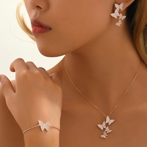 Miniatura 7 de Juego de collar y pulsera con aretes de mariposa, chapado en oro de 14 quilates, delicado juego de joyas de mariposa con circonita cúbica, regalos