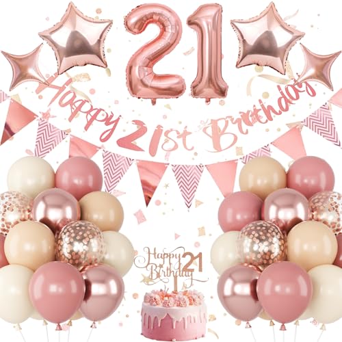 Image of Jobkoo 21st Birthday Decorations for Her, Retro Pink Nude Number 21 Balloon Set Happy 21st Birthday Banner Cake Topper Dusty Pink Beige Rosegold Star Balloons for Women 21 Year Old Bday Party Decor