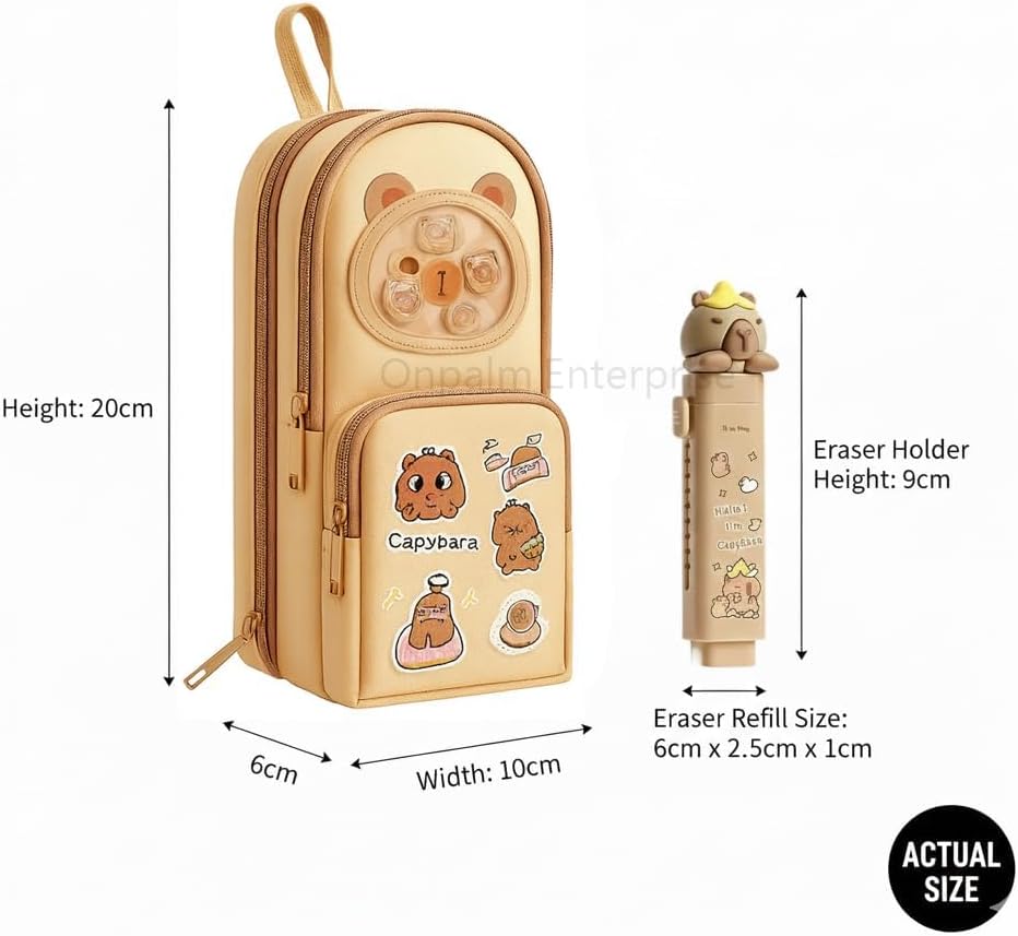Pencil Pouch with Push Pull Eraser Set|Combo Kit for Kids, Boys & Girls|Stationery Bag with Eraser| Trendy Combo Gift Set|Zipper Case with|Gift for Boys & Girls (Standing Capybara + Eraser)