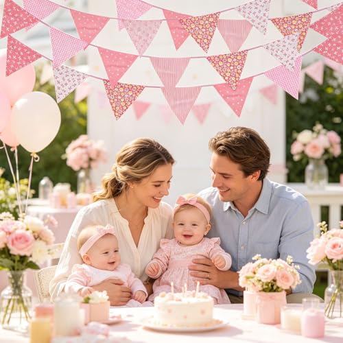 Image of Zwiebeco 32Ft Light Pink Fabric Floral Pennant Banner Bunting Cotton Flowers Triangle Flags Party Decorations for Birthday Wedding Engagement Bridal Baby Shower Rustic Village Sweet Home Garden Decor