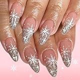 LWTZLW Christmas Press on Nails Medium Almond False Nails Snowflake Full Cover Glue on Nail With Silver Glitter French Tip Design Acrylic Fake Nails Winter Artificial Glossy Nail Reusable for Women