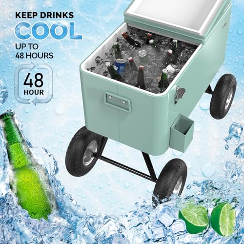 Image of VINGLI 80 Quart Wagon Rolling Cooler Ice Chest, w /Long Handle and 10 inch Wheels, Portable Beach Patio Party Bar Cold Drink Beverage, Outdoor Park Cart on Wheels