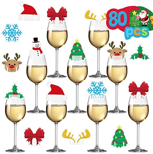 RMMD 80 PCS Christmas Wine Glass Decorations Cards Charms Christmas Glass Toppers Christmas Wine Glass Cards Markers Christmas Cocktail Accessories Drinking Decorations for Christmas Party Supplies