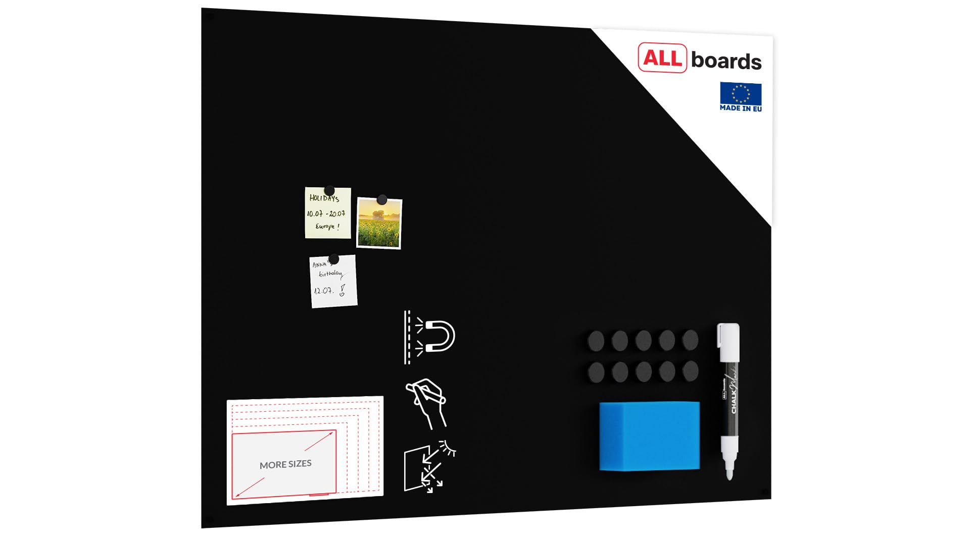 ALLboards Rahmenloses SLIMboard - Kreideoberfläche - 120x90 cm + GRATIS