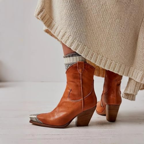 Image of keleimusi Women's Western Cowgirl Ankle Boots Stacked Block Heel Cowboy Booties Steel Toe Heeled Short Cowboy Boots Western Booties