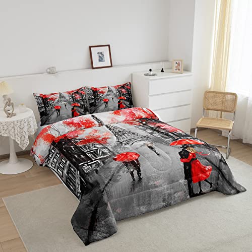 Red Paris Eiffel Tower Comforter Set Queen Size French Style Couple Lover Flower Bedding Sets For Girls Women Kids Quilted Duvet 1 Comforter + 2 Pillow Cases Romantic Bedroom Decor, Grey Black #TOP1