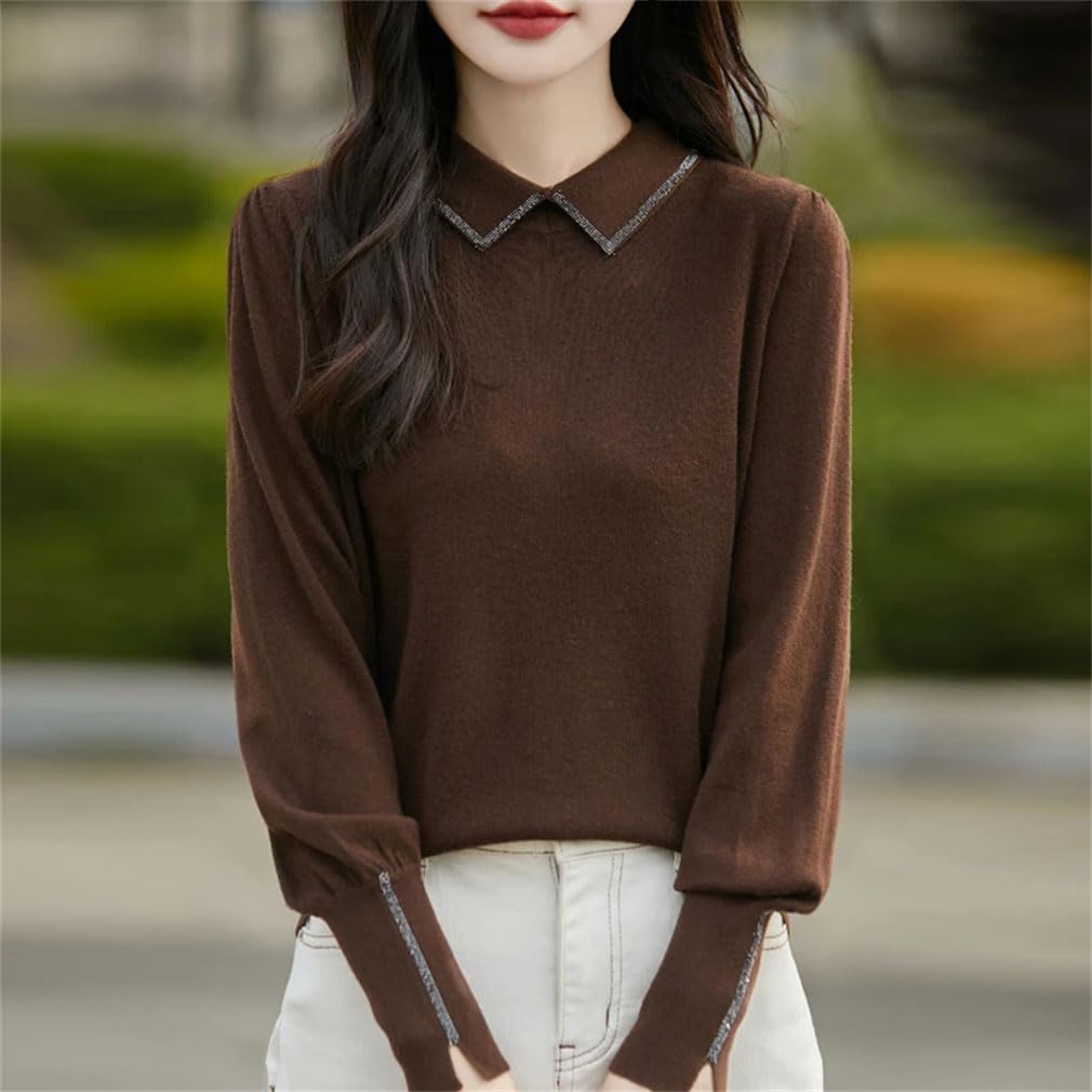 Suéter de lana merino para mujer, cuello de solapa, suéter de punto de manga larga