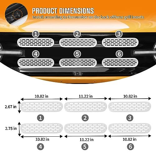 Image of Jimen Compatible with Ford Bronco 2021-2023, 6PCS Front Grille Inserts Mesh Grill Cover Exterior Trim Accessories (White)