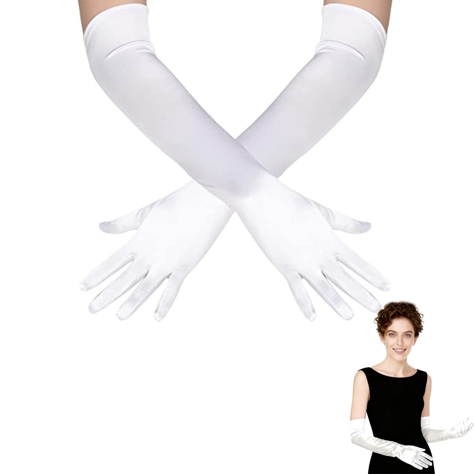 Hattusashield Women's White Long Gloves, Elegant Satin Gloves, Longgloves For Stretchy Elbow Length, 1920S Style Vintage Fashion For Costume Evening Opera Bridal Party Wedding Party Prom