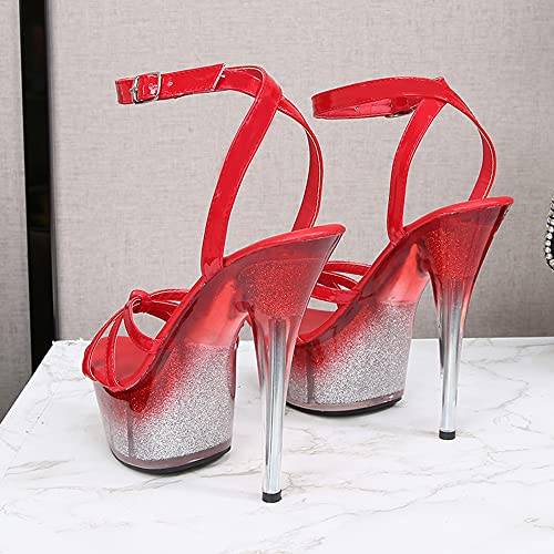 Lehoor Women Stiletto Platform Sandals Ankle Buckle Strap Gradient Patchwork Sandals Strappy 5.5 Inch High Heel Patent Leather Cross Strap Round Open Toe Summer Party Dress Shoes Red Size 7 #TOP2