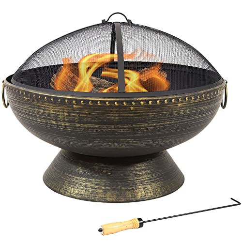 Sunnydaze 30Inch Fire Pit Bowl with Spark Screen, Fireplace Poker, and