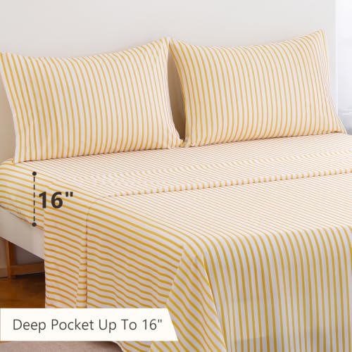 Image of MCO 4Pieces Striped Sheets Set, Breathable King Sheet Set with 16 inch Deep Pocket,Modern & Luxury, Brushed Microfiber Bedding Set(King, Yellow)