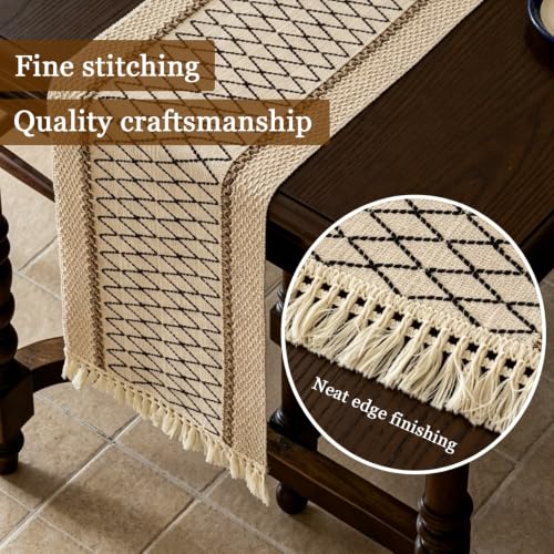 Chemin de table rustique en lin coton noir de 240cm avec bords ajourés